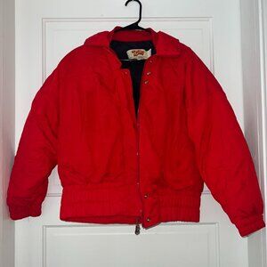 red puffer-like jacket
